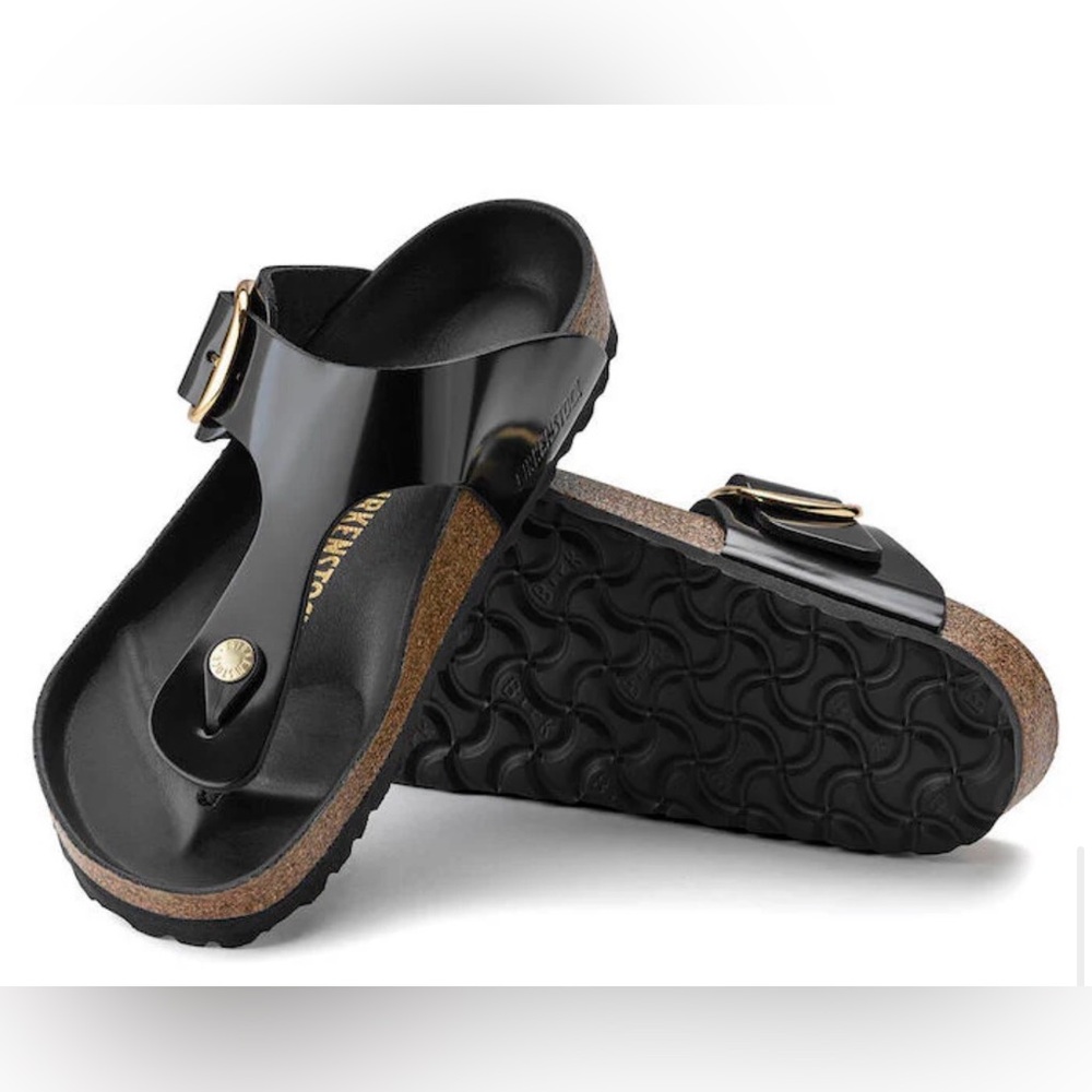 Birkenstock Black Patent Tanga Sandals with Gold Buckles